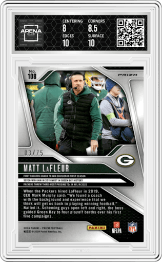 Matt LaFleur from the 2024 Panini Prizm set featuring a No Huddle Red Prizms parallel graded by Arena Club and given an overall grade of 8.5.