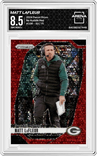 Matt LaFleur from the 2024 Panini Prizm set featuring a No Huddle Red Prizms parallel graded by Arena Club and given an overall grade of 8.5.
