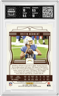 Justin Herbert from the 2021 Panini Legacy set featuring a Blue parallel graded by Arena Club and given an overall grade of 9.