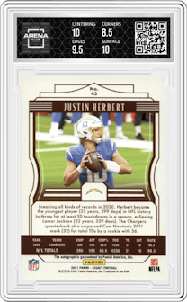 Justin Herbert from the 2021 Panini Legacy set featuring a Blue parallel and given an overall grade of 9.