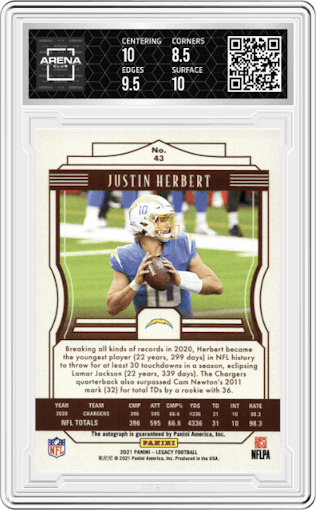Justin Herbert from the 2021 Panini Legacy set featuring a Blue parallel graded by Arena Club and given an overall grade of 9.