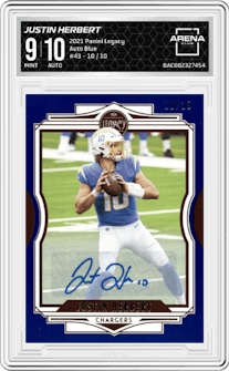 Justin Herbert from the 2021 Panini Legacy set featuring a Blue parallel graded by Arena Club and given an overall grade of 9.