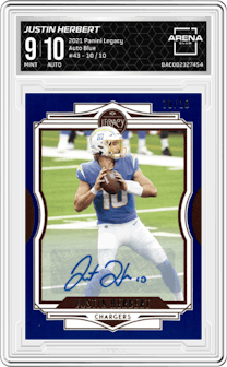 Justin Herbert from the 2021 Panini Legacy set featuring a Blue parallel and given an overall grade of 9.