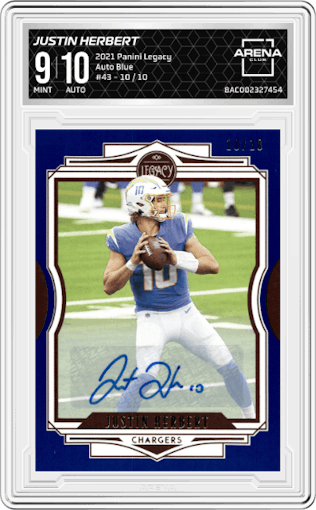 Justin Herbert from the 2021 Panini Legacy set featuring a Blue parallel graded by Arena Club and given an overall grade of 9.