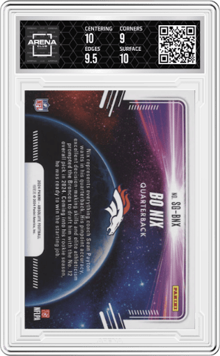 Bo Nix from the 2024 Panini Absolute set featuring a Gold Spectrum parallel graded by Arena Club and given an overall grade of 9.5.