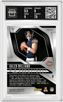 Caleb Williams from the 2024 Panini Prizm set featuring a No Huddle parallel graded by Arena Club and given an overall grade of 8.