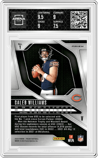 Caleb Williams from the 2024 Panini Prizm set featuring a No Huddle parallel graded by Arena Club and given an overall grade of 8.