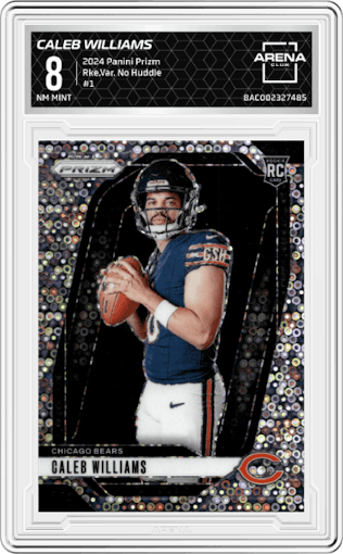 Caleb Williams from the 2024 Panini Prizm set featuring a No Huddle parallel graded by Arena Club and given an overall grade of 8.