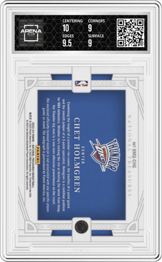 Chet Holmgren from the 2022-23 Panini National Treasures set graded by Arena Club and given an overall grade of 9.5.
