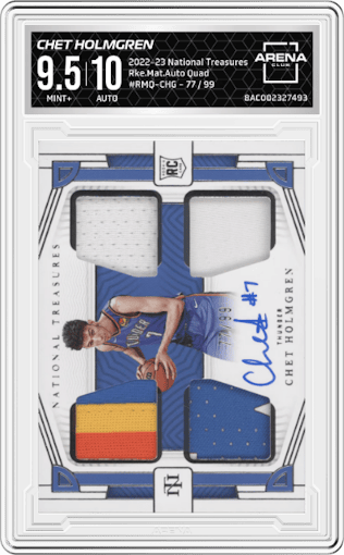 Chet Holmgren from the 2022-23 Panini National Treasures set graded by Arena Club and given an overall grade of 9.5.