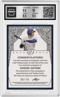 Shohei Ohtani from the 2024 Leaf Decadence set featuring a Turquoise parallel and given an overall grade of 10.