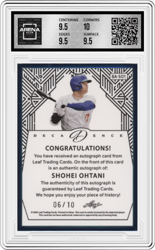Shohei Ohtani from the 2024 Leaf Decadence set featuring a Turquoise parallel graded by Arena Club and given an overall grade of 10.