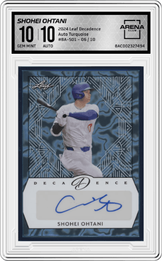 Shohei Ohtani from the 2024 Leaf Decadence set featuring a Turquoise parallel graded by Arena Club and given an overall grade of 10.