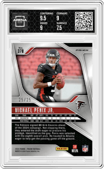 Michael Penix Jr. from the 2024 Panini Prizm set featuring a No Huddle Pink Prizm parallel graded by Arena Club and given an overall grade of 8.