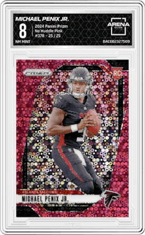 Michael Penix Jr. from the 2024 Panini Prizm set featuring a No Huddle Pink Prizm parallel graded by Arena Club and given an overall grade of 8.