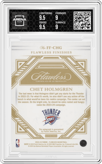 Chet Holmgren from the 2022-23 Panini Flawless set featuring a Ruby parallel graded by Arena Club and given an overall grade of 9.5.