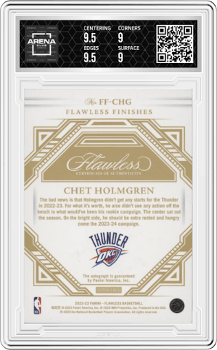 Chet Holmgren from the 2022-23 Panini Flawless set featuring a Ruby parallel graded by Arena Club and given an overall grade of 9.5.