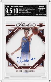 Chet Holmgren from the 2022-23 Panini Flawless set featuring a Ruby parallel graded by Arena Club and given an overall grade of 9.5.