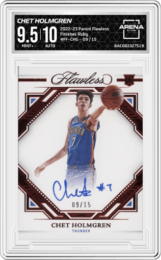 Chet Holmgren from the 2022-23 Panini Flawless set featuring a Ruby parallel graded by Arena Club and given an overall grade of 9.5.
