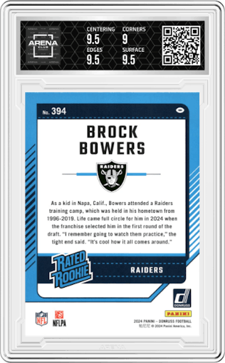 Brock Bowers from the 2024 Donruss set graded by Arena Club and given an overall grade of 9.5.