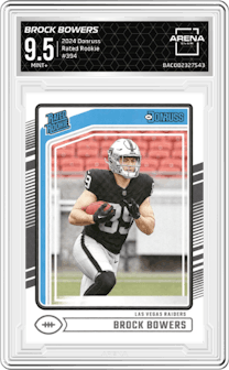 Brock Bowers from the 2024 Donruss set graded by Arena Club and given an overall grade of 9.5.