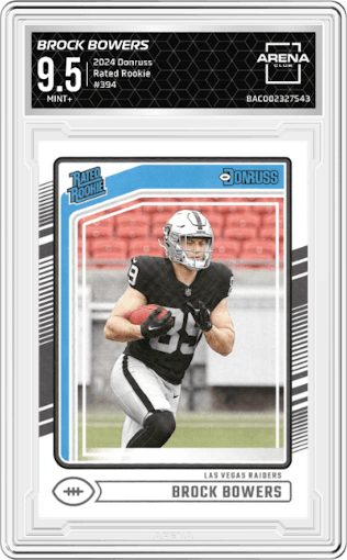 Brock Bowers from the 2024 Donruss set graded by Arena Club and given an overall grade of 9.5.