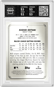 Shohei Ohtani from the 2022 Bowman Platinum set featuring a Ice Foilboard parallel graded by Arena Club and given an overall grade of 9.5.