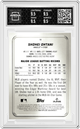 Shohei Ohtani from the 2022 Bowman Platinum set featuring a Ice Foilboard parallel graded by Arena Club and given an overall grade of 9.5.