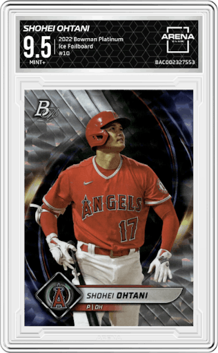 Shohei Ohtani from the 2022 Bowman Platinum set featuring a Ice Foilboard parallel graded by Arena Club and given an overall grade of 9.5.