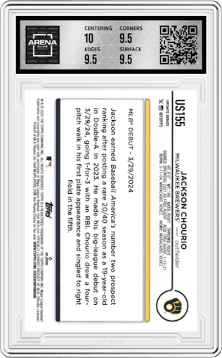 Jackson Chourio from the 2024 Topps Update set featuring a Aqua parallel graded by Arena Club and given an overall grade of 10.