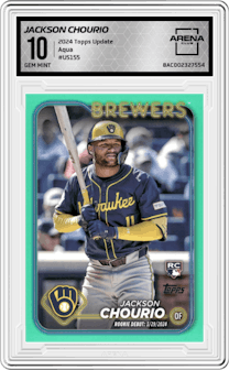 Jackson Chourio from the 2024 Topps Update set featuring a Aqua parallel graded by Arena Club and given an overall grade of 10.