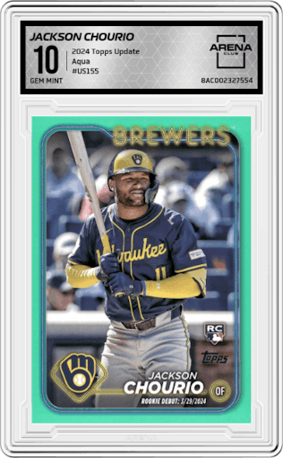 Jackson Chourio from the 2024 Topps Update set featuring a Aqua parallel graded by Arena Club and given an overall grade of 10.