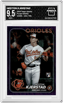 Heston Kjerstad from the 2024 Topps Update set featuring a Purple Holofoil parallel graded by Arena Club and given an overall grade of 9.5.
