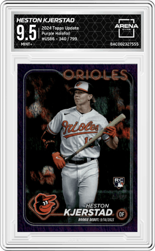 Heston Kjerstad from the 2024 Topps Update set featuring a Purple Holofoil parallel graded by Arena Club and given an overall grade of 9.5.