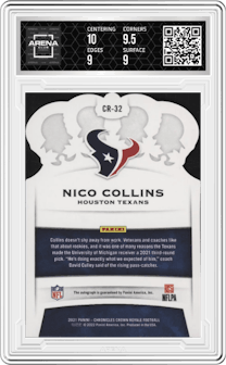 Nico Collins from the 2021 Panini Chronicles set featuring a Red parallel graded by Arena Club and given an overall grade of 9.5.