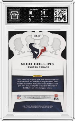 Nico Collins from the 2021 Panini Chronicles set featuring a Red parallel graded by Arena Club and given an overall grade of 9.5.