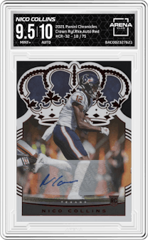 Nico Collins from the 2021 Panini Chronicles set featuring a Red parallel graded by Arena Club and given an overall grade of 9.5.