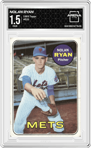 Nolan Ryan from the 1969 Topps set graded by Arena Club and given an overall grade of 1.5.