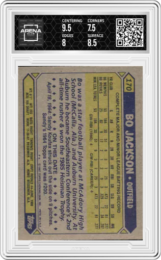 Bo Jackson from the 1987 Topps set graded by Arena Club and given an overall grade of 8.