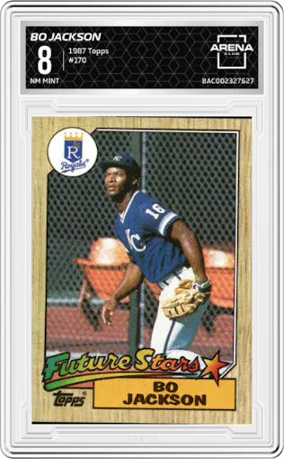 Bo Jackson from the 1987 Topps set graded by Arena Club and given an overall grade of 8.