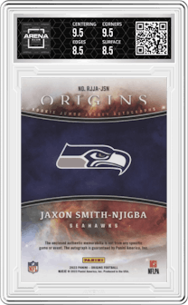 Jaxon Smith-Njigba from the 2023 Panini Origins set graded by Arena Club and given an overall grade of 9.