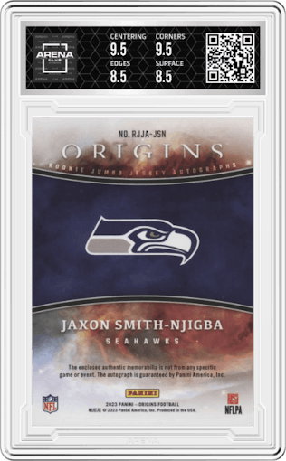 Jaxon Smith-Njigba from the 2023 Panini Origins set graded by Arena Club and given an overall grade of 9.