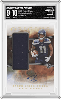 Jaxon Smith-Njigba from the 2023 Panini Origins set graded by Arena Club and given an overall grade of 9.