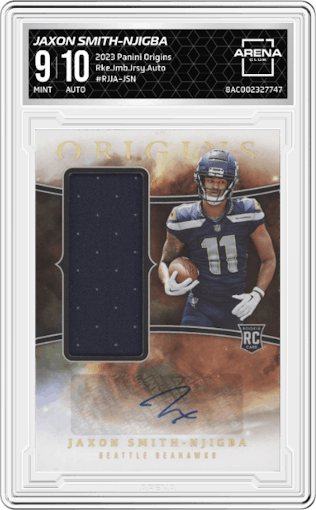 Jaxon Smith-Njigba from the 2023 Panini Origins set graded by Arena Club and given an overall grade of 9.