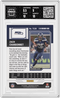 Zach Charbonnet from the 2023 Panini Contenders set graded by Arena Club and given an overall grade of 9.