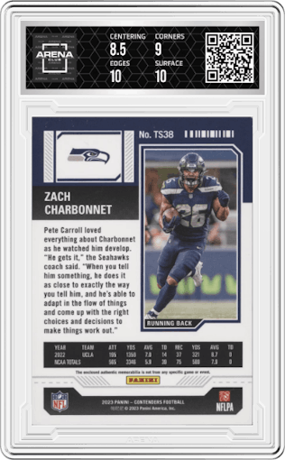 Zach Charbonnet from the 2023 Panini Contenders set graded by Arena Club and given an overall grade of 9.