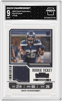 Zach Charbonnet from the 2023 Panini Contenders set graded by Arena Club and given an overall grade of 9.