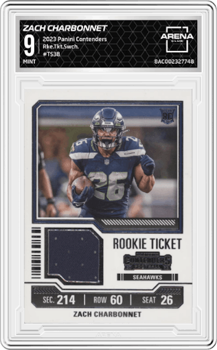 Zach Charbonnet from the 2023 Panini Contenders set graded by Arena Club and given an overall grade of 9.