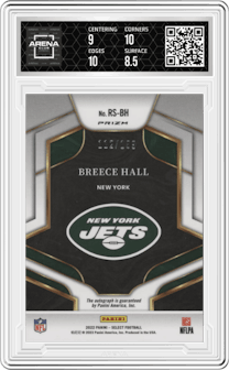 Breece Hall from the 2022 Panini Select set graded by Arena Club and given an overall grade of 9.