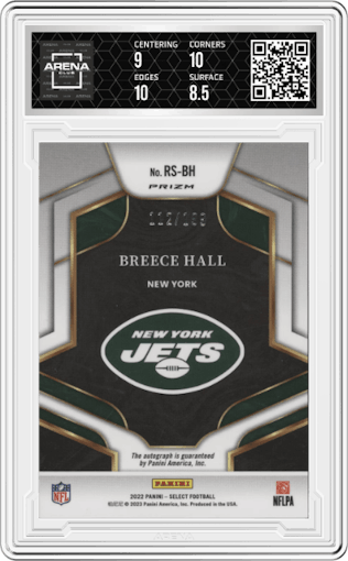 Breece Hall from the 2022 Panini Select set graded by Arena Club and given an overall grade of 9.